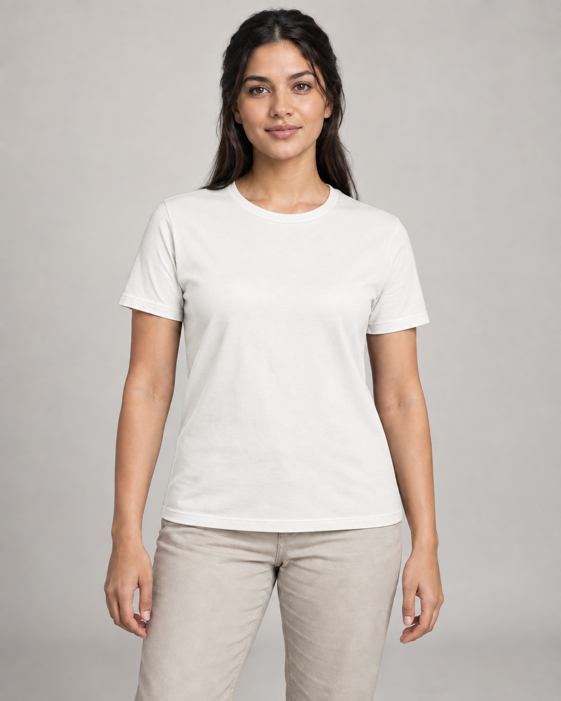 Generated concept mockup: Women's Dayform Crew Tee in Chalk, front view on model.