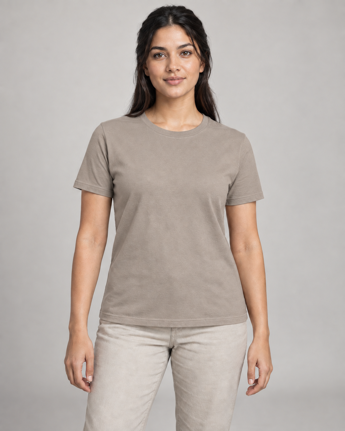 Generated concept mockup: Women's Dayform Crew Tee in Stone, front view on model.