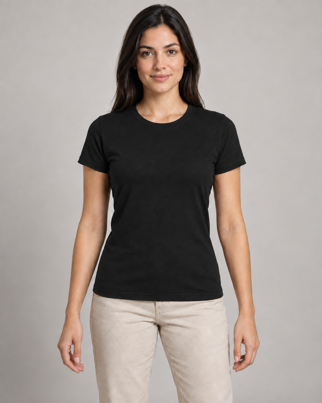 Generated concept mockup: Women's Outline Fitted Tee in Black, front view on model.