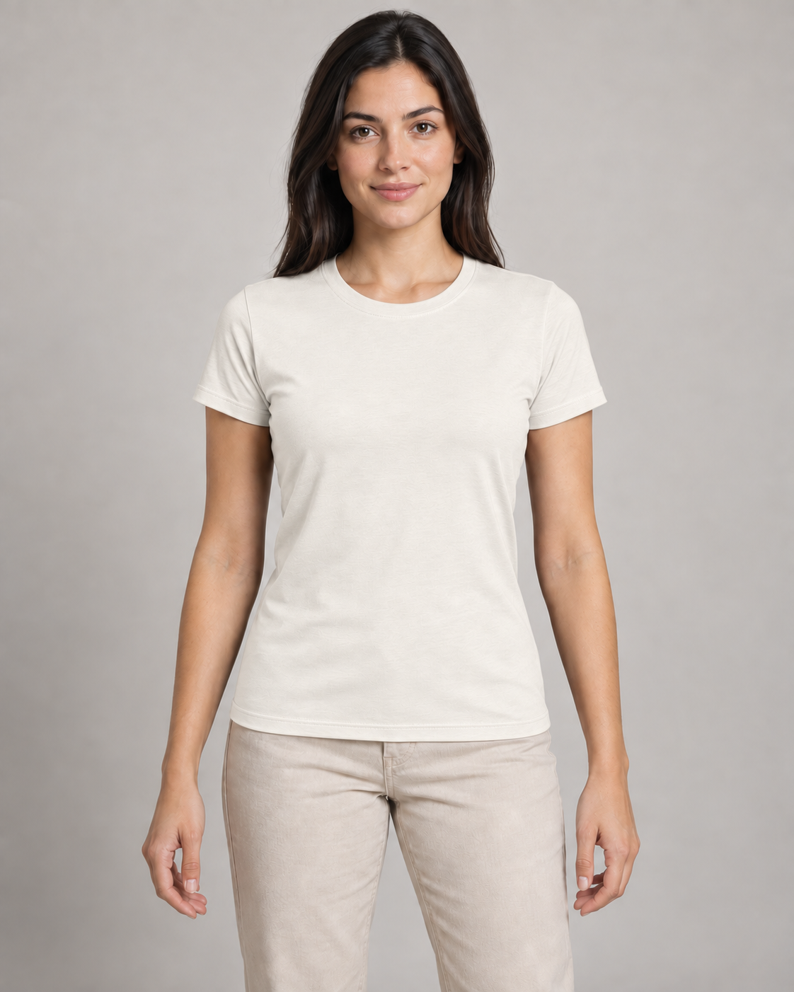 Generated concept mockup: Women's Outline Fitted Tee in Chalk, front view on model.