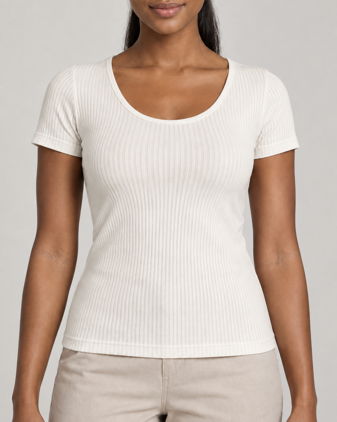 Generated concept mockup: Women's Outline Rib Tee in Chalk, construction detail view highlighting scoop neckline binding and vertical rib texture.