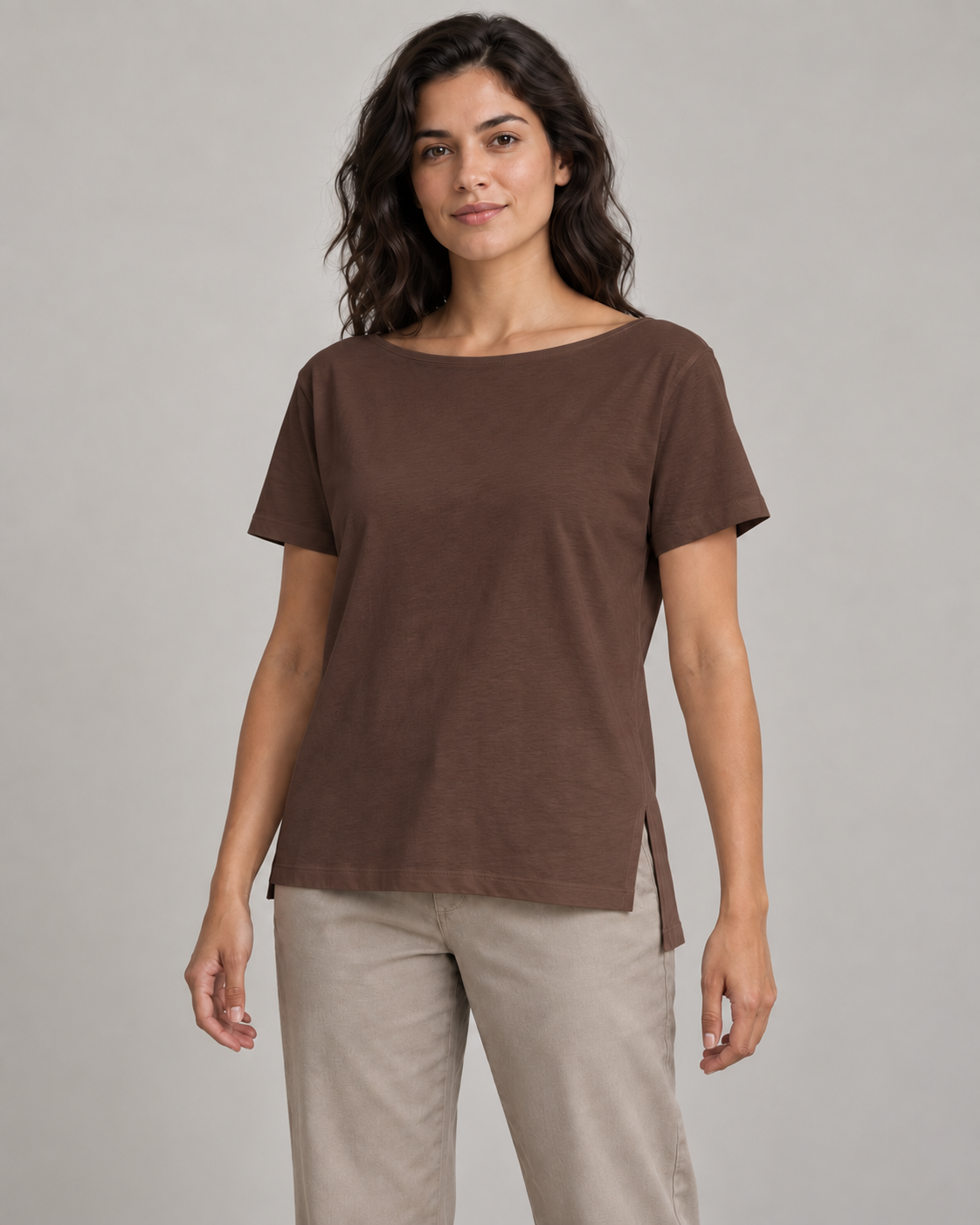 Generated concept mockup: Women's Linea Split-Hem Tee in Cocoa, front view on model.