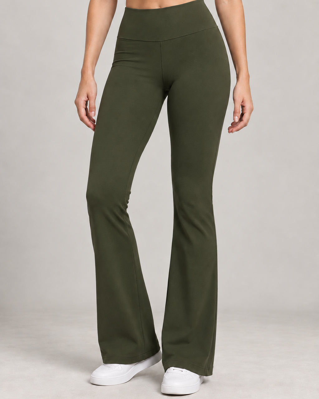 Generated concept: Akumi Arc Slim Flare Legging 31" in Moss, front studio view