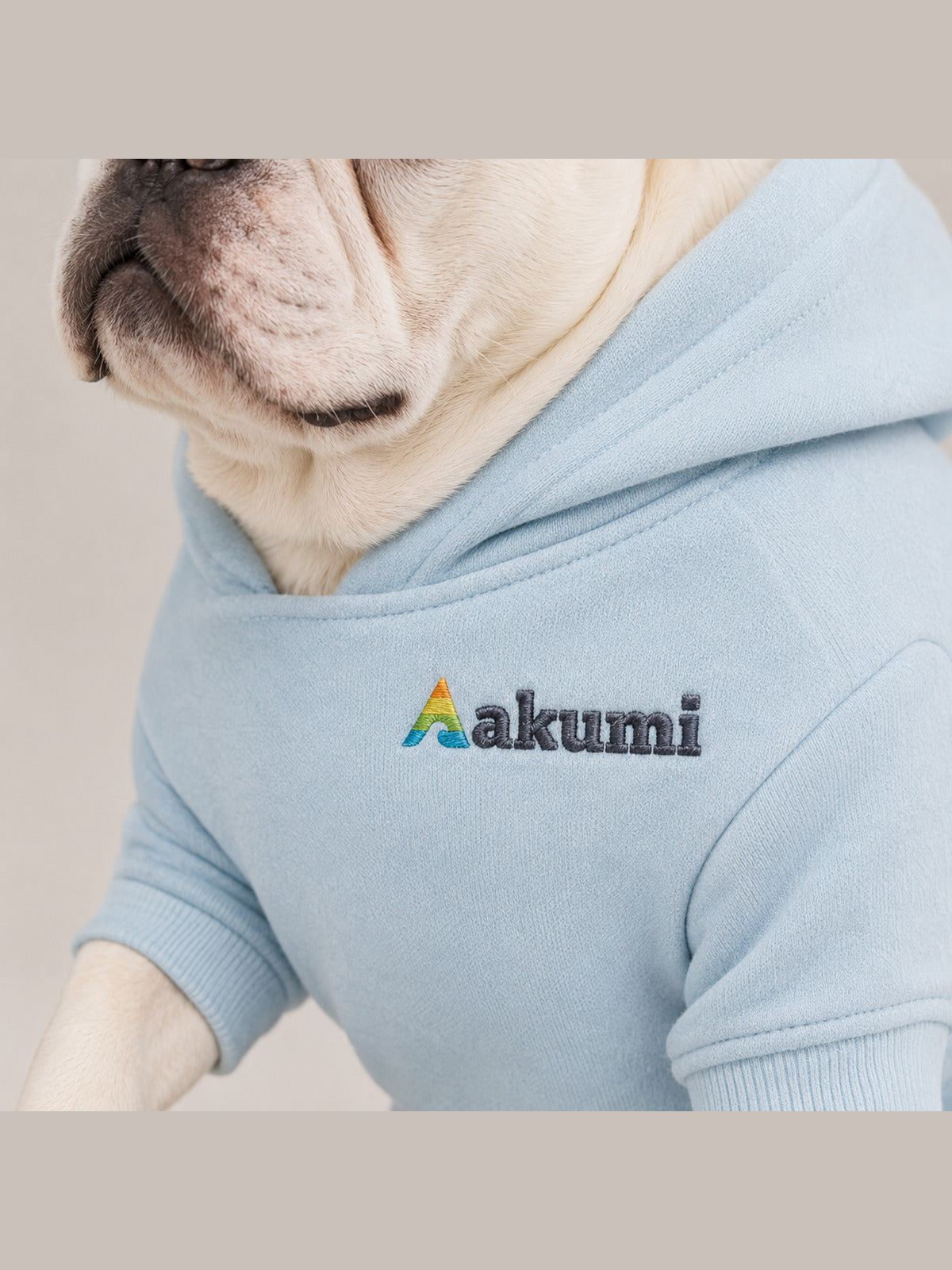 Akumi Cloudrest Pet Hoodie in Powder Sky raised embroidered chest logo detail