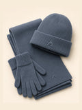 Akumi Drift Knit Winter Set in Glacier Slate flat lay with beanie scarf and gloves