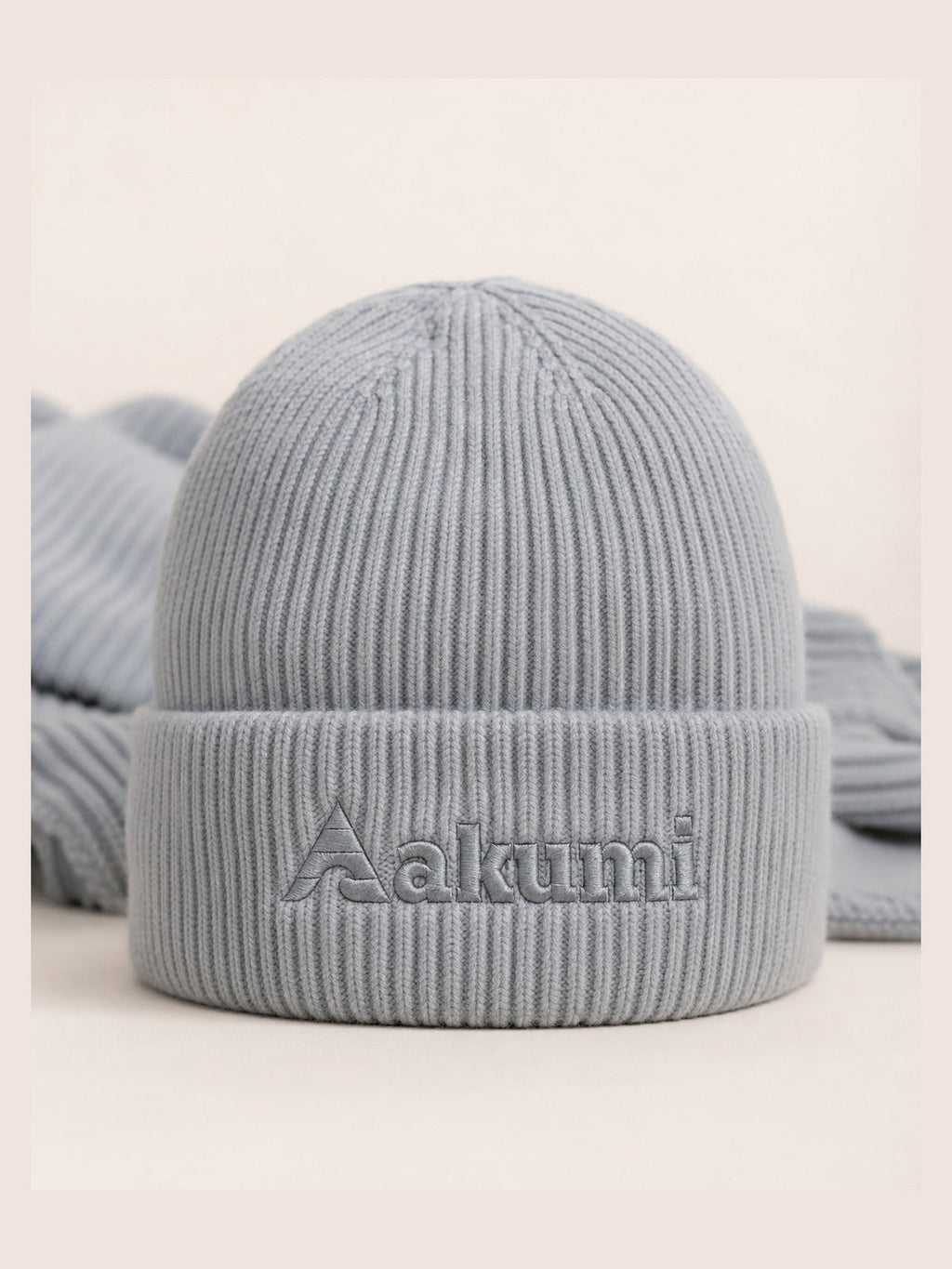 Akumi Drift Knit Winter Set Glacier Slate beanie embroidery close up