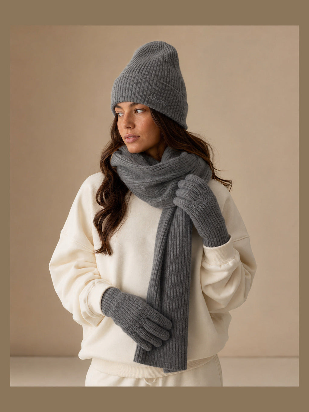 Model wearing Akumi Drift Knit Winter Set in Glacier Slate