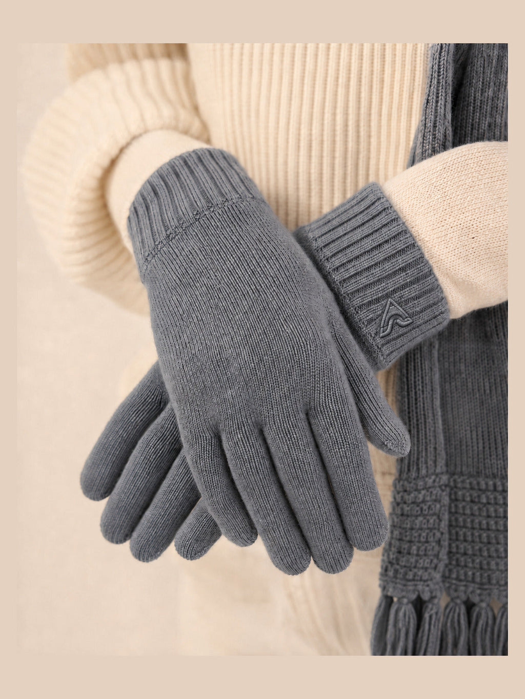 Akumi Drift Knit Winter Set Glacier Slate glove detail with corrected wave embroidery matching product set
