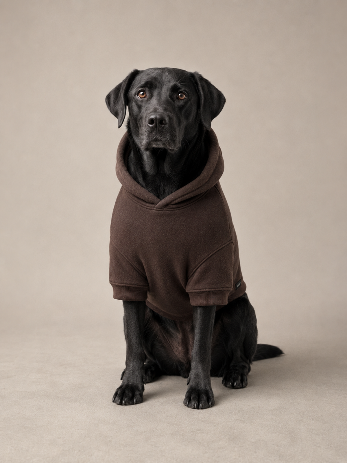 Grounded Fleece Pet Hoodie in Espresso, seated front view