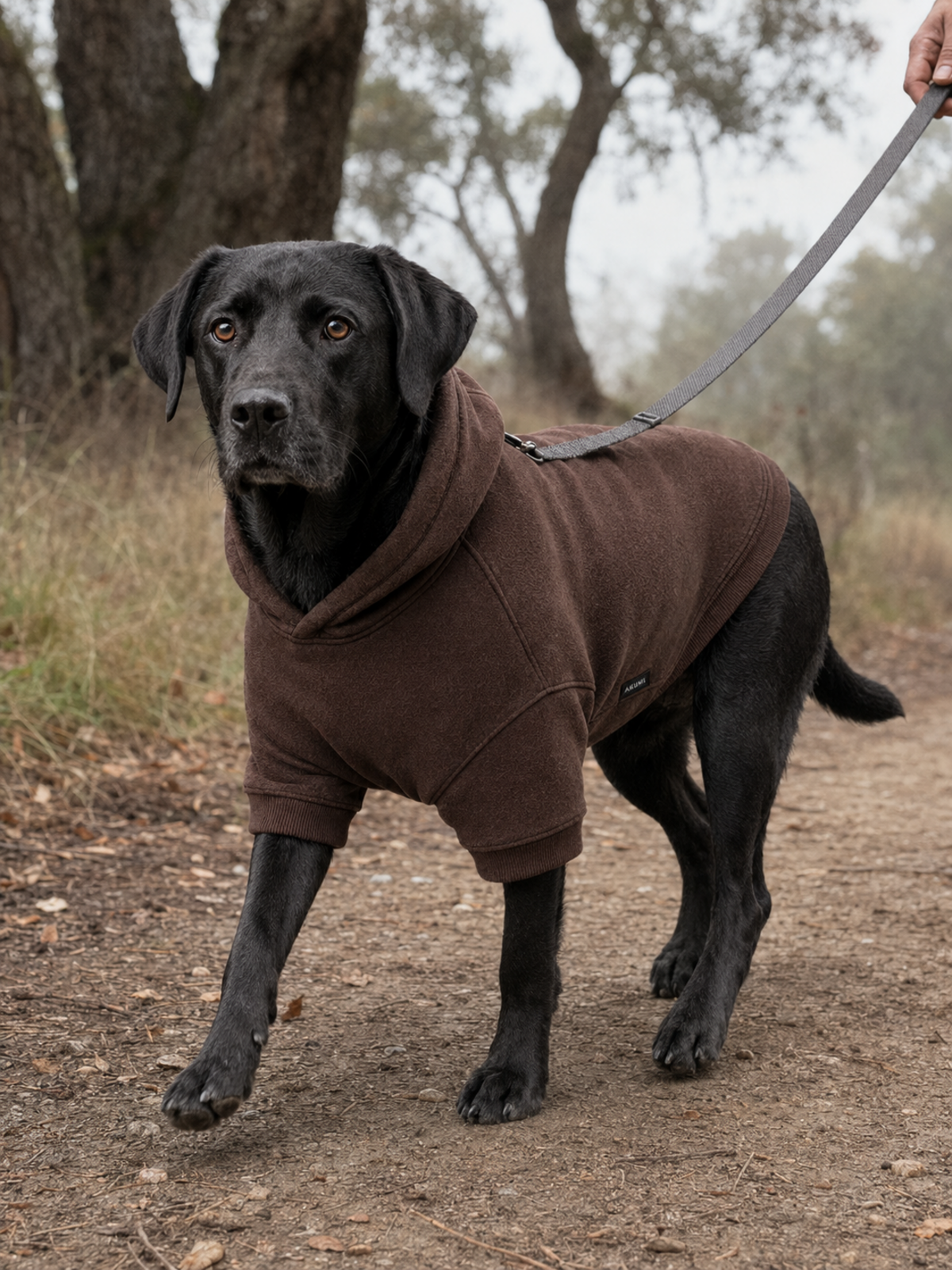 Grounded Fleece Pet Hoodie in Espresso, trail walk