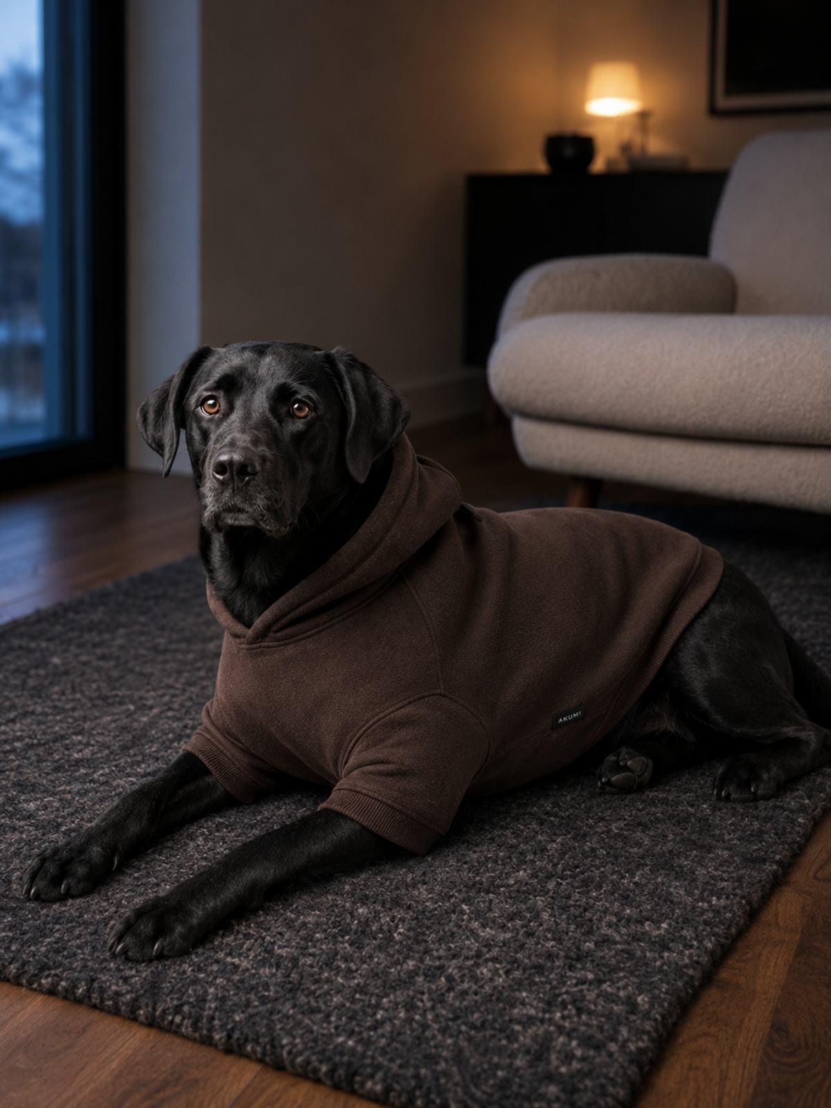 Grounded Fleece Pet Hoodie in Espresso, relaxing at home