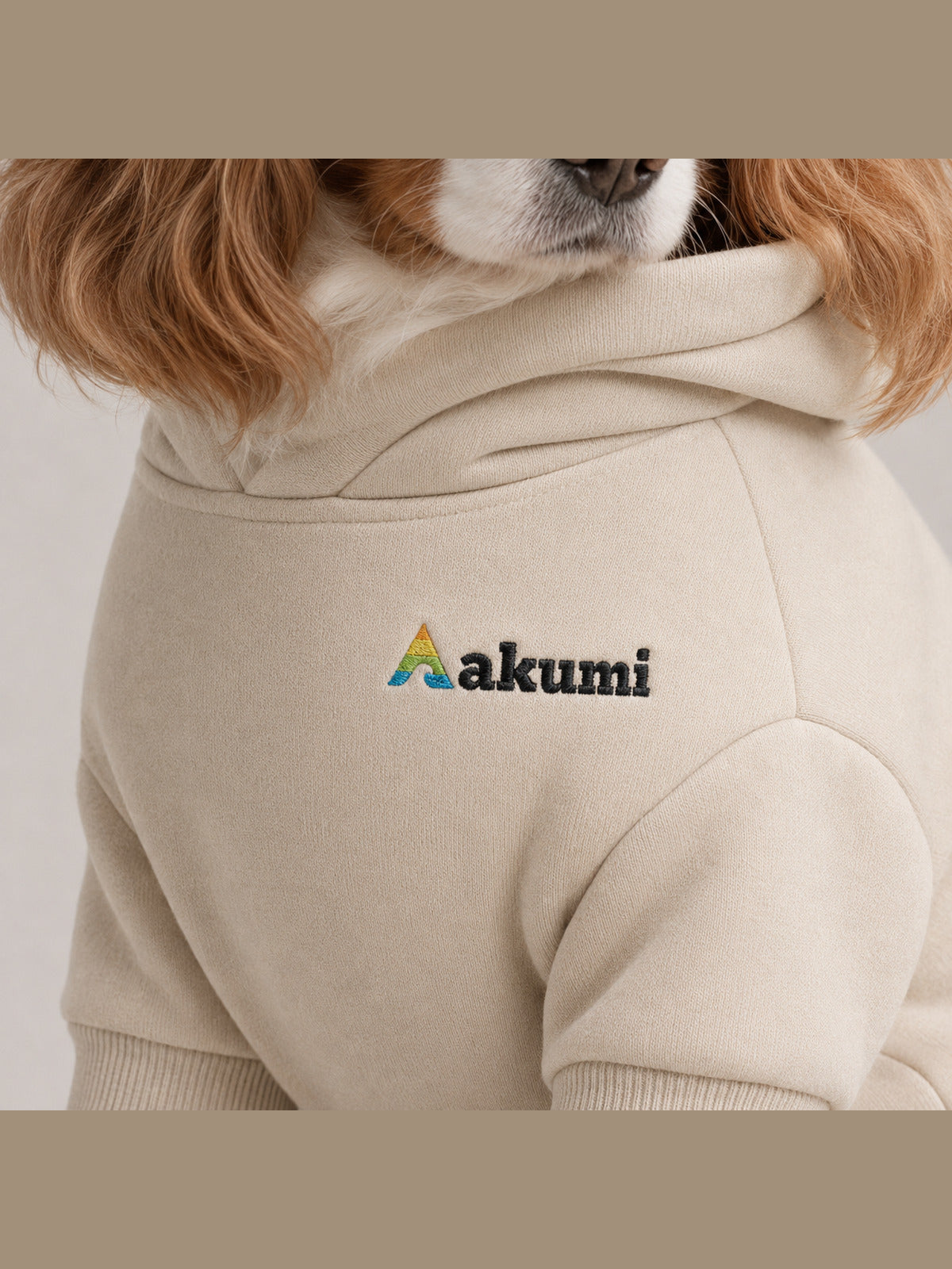 Akumi Quietline Pet Hoodie Warm Limestone raised embroidered logo detail