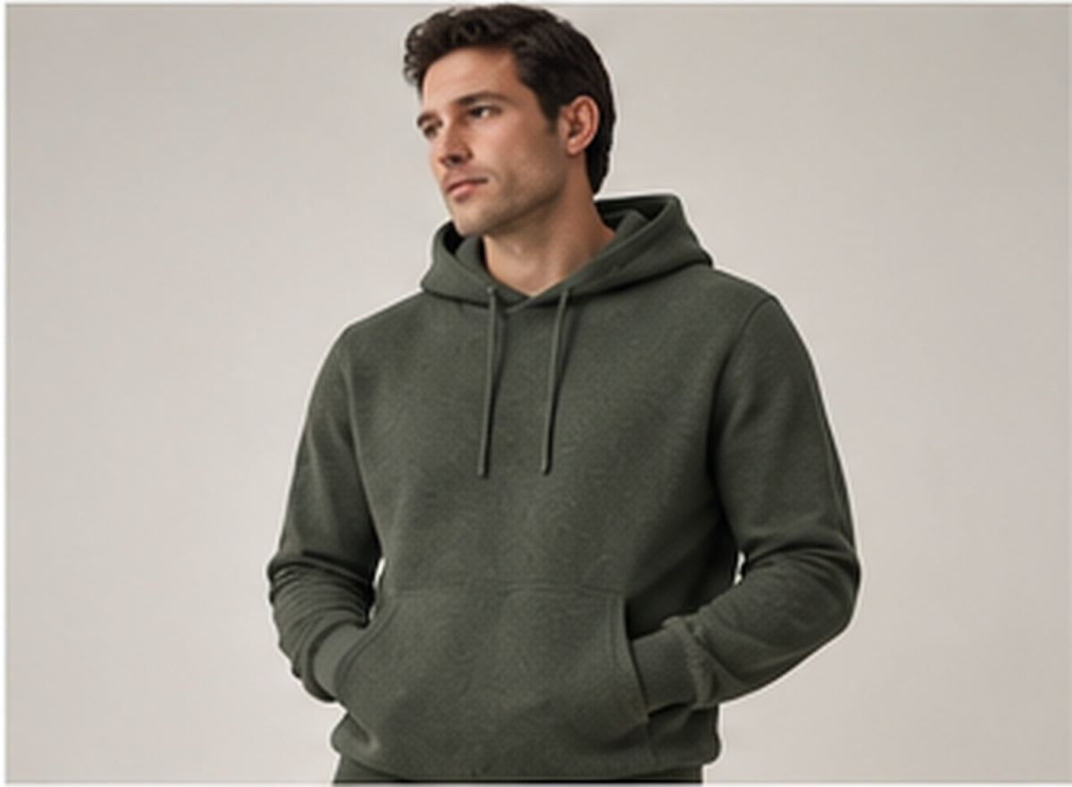 Solace Recycled Wool Hoodie on model, studio image