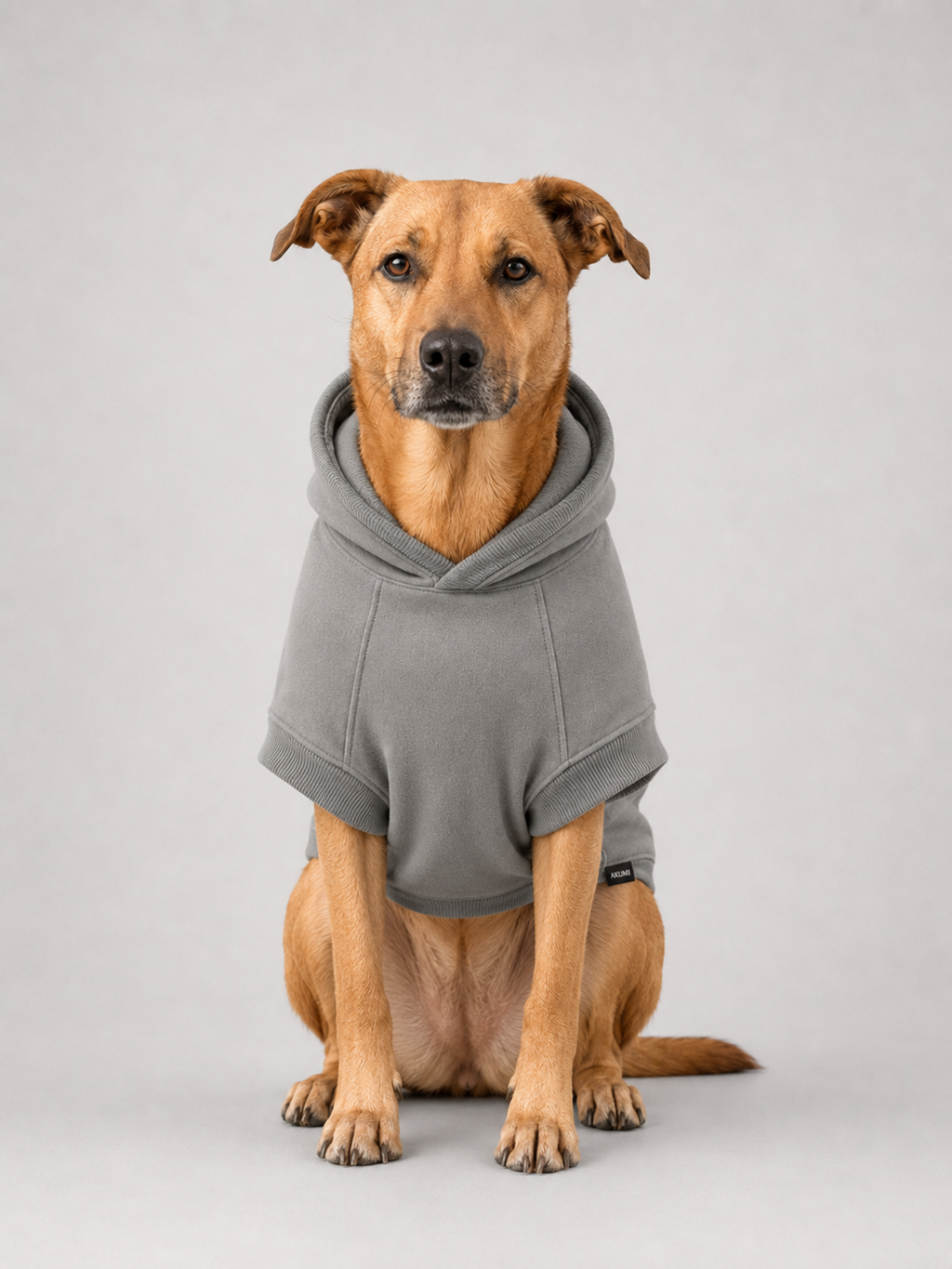Stillform Pet Hoodie in Mineral, seated front view