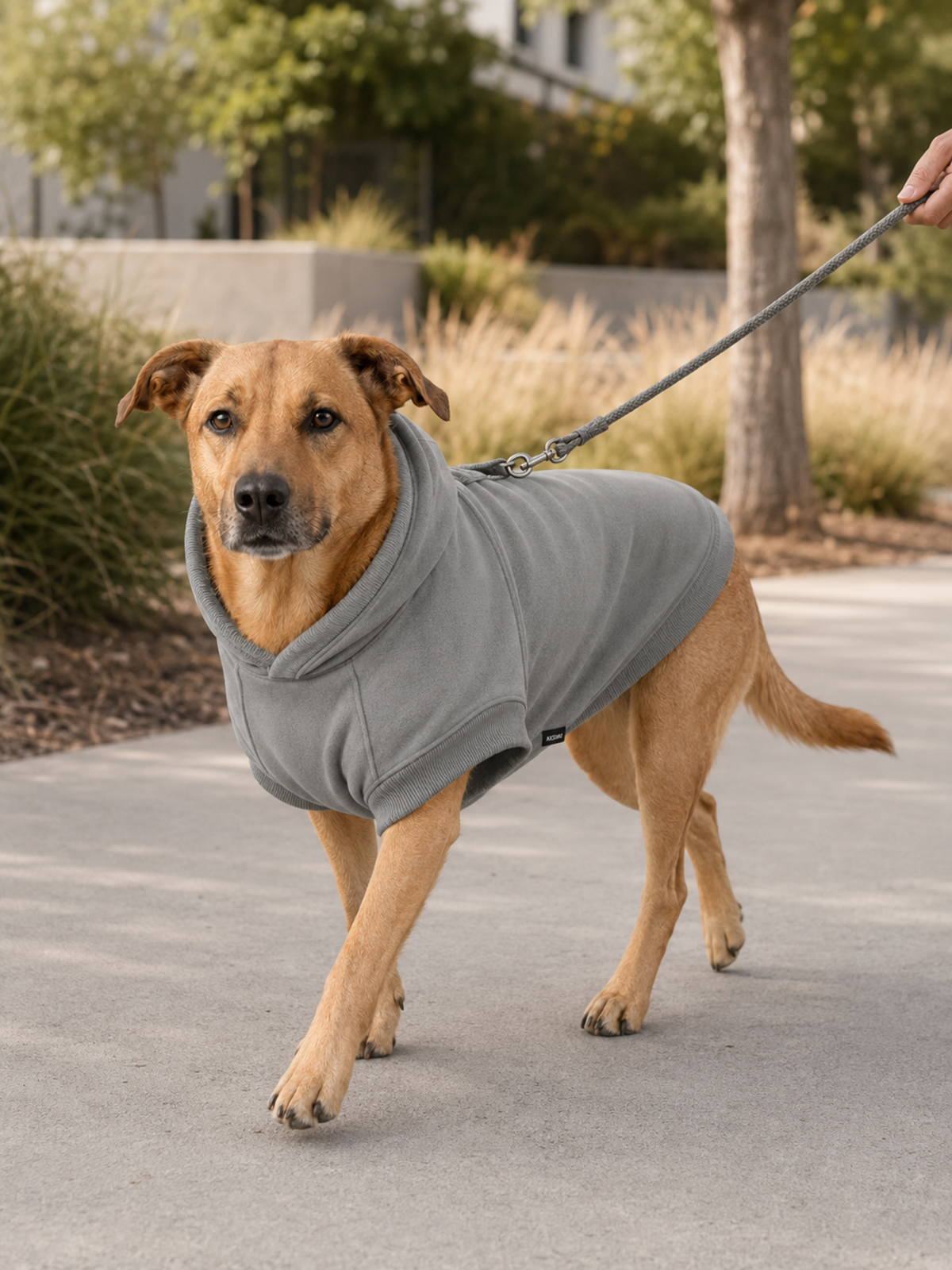 Stillform Pet Hoodie in Mineral, outdoor walk
