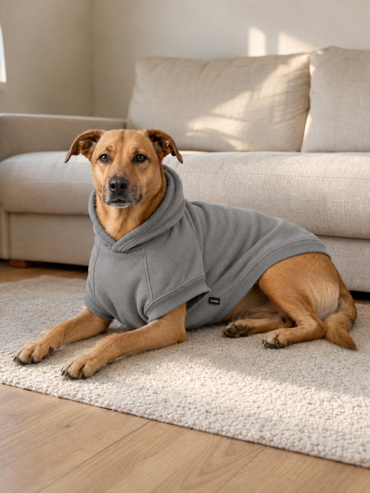 Stillform Pet Hoodie in Mineral, relaxing at home