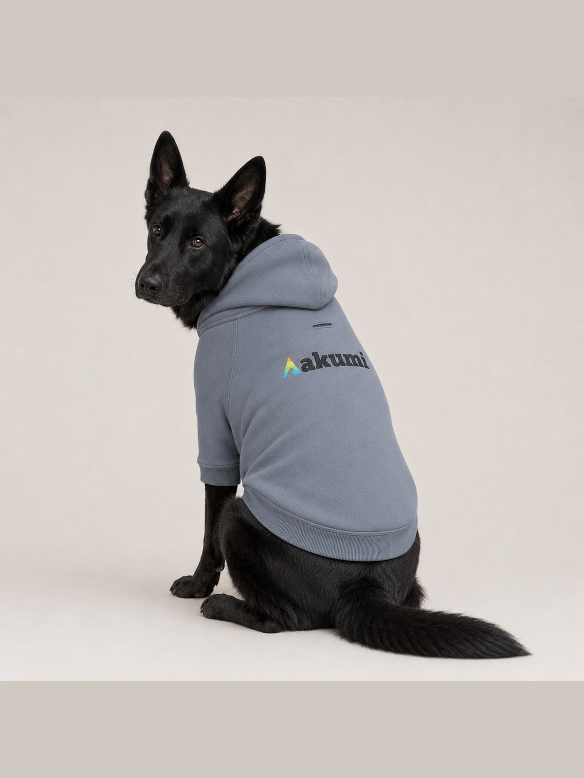 Black German Shepherd wearing the Akumi Tidehold Pet Hoodie in Coastal Slate, rear three-quarter view showing the leash port