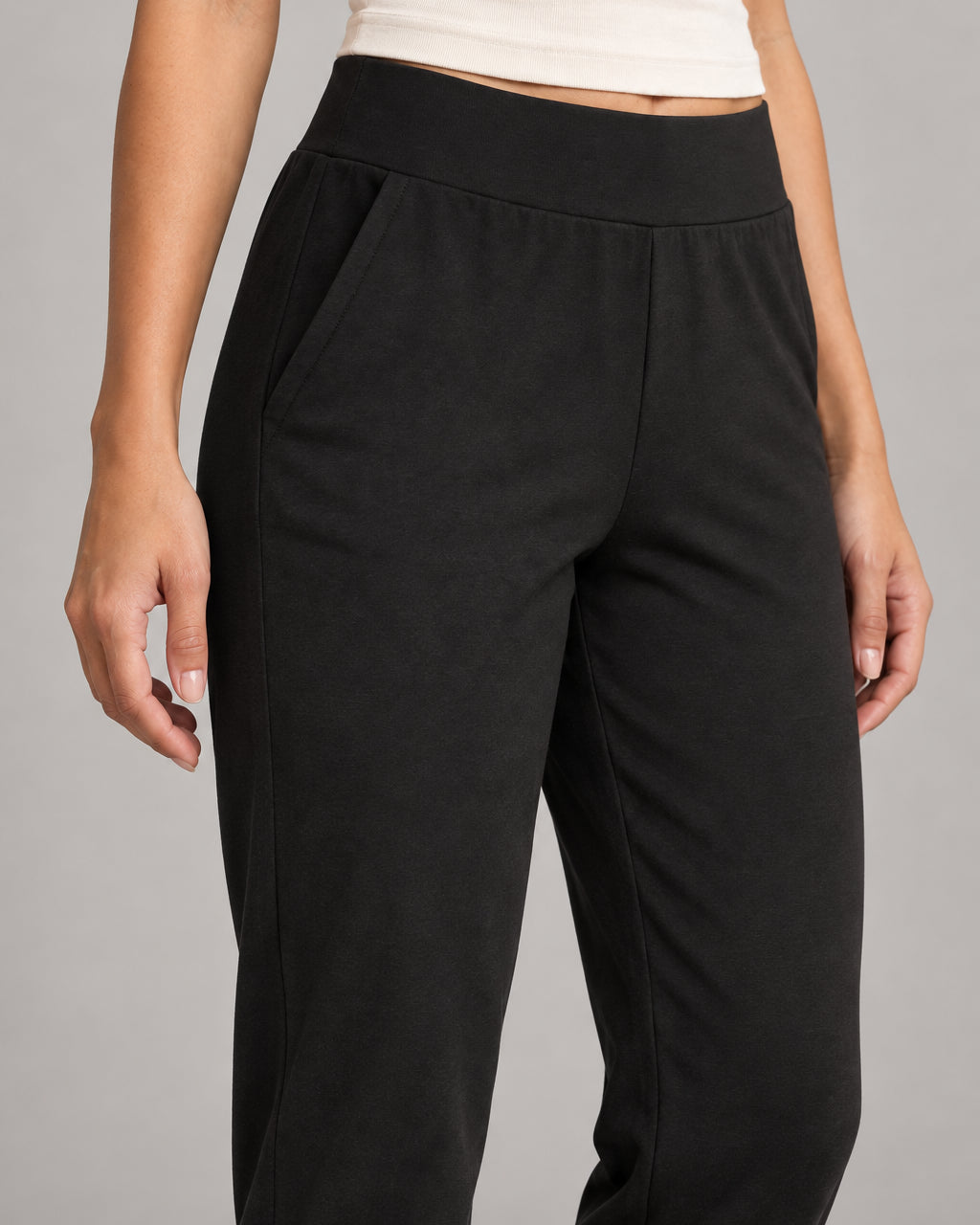 Women's Softline Ankle Sweatpant in Onyx, waist and pocket detail concept mockup