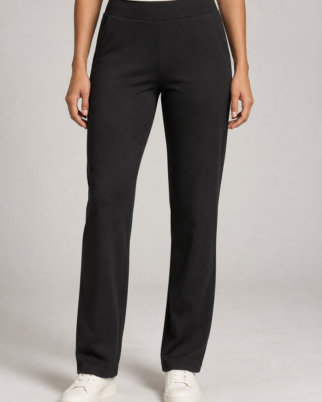 Akumi Women's Softline Straight-Leg Pant in Onyx, front studio concept mockup