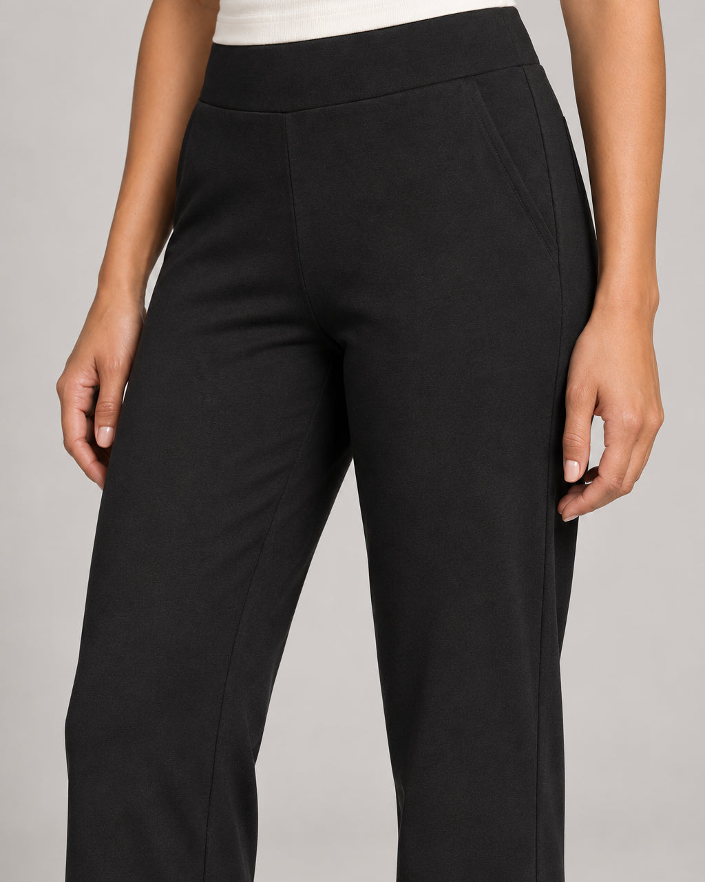 Women's Softline Straight-Leg Pant in Onyx, waist and pocket detail concept mockup